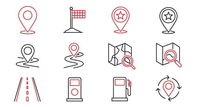 Navigation Icons, Map Markers, Location Symbols, Travel Graphics, 12 Vector Icons