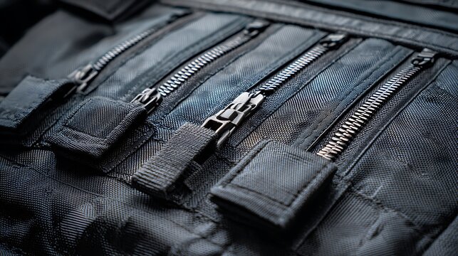 Close-up of a dark fabric with multiple parallel zippers and attached fabric straps