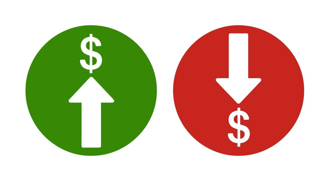 Financial icons, green up and red down arrows, dollar signs, vector symbols