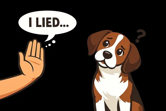 A dog with a speech bubble saying 'I lied' for illustration, ing, or comic strip use