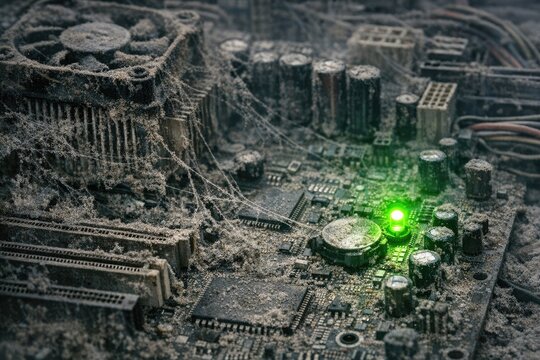 A detailed view of a computer motherboard with a green LED light, suitable for tech-related and educational contexts