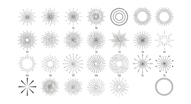 Collection of Sunburst and Starburst Graphics, Radial Designs, and Decorative Circular Elements for Graphic Design