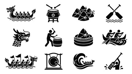 Dragon boat festival icons black silhouettes cultural symbols traditional celebrations zongzi drums boats paddles festive graphics © Somiran