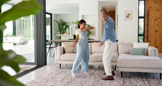 Happy, dancing and dad with child in home for learning, bonding and playful relationship on weekend. Family, love and father with girl with music, energy and together for connection, moment and fun