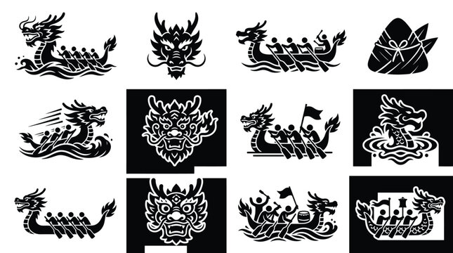 Dragon boat festival icons with mythical dragons and traditional symbols in black and white