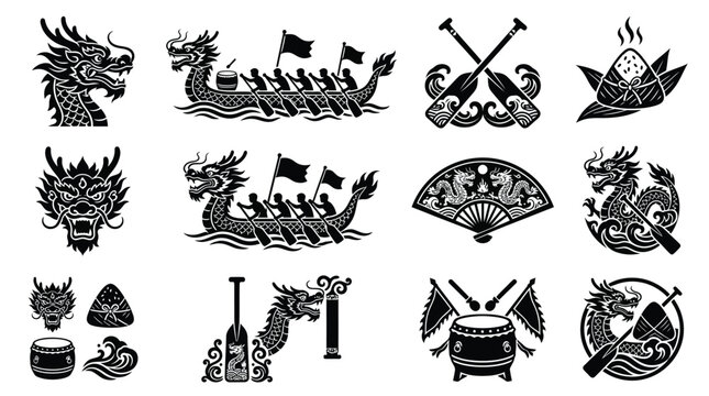 Dragon boat festival logos and icons set black and white cultural symbols