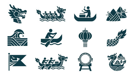 Obraz premium Dragon boat festival icons set geometric style dark green white background symbols for celebration culture and tradition