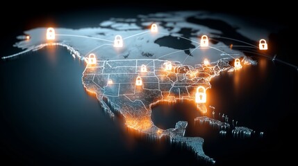 Obraz premium North America Digital Map with Cybersecurity Locks Representing International Data Protection Secure Connectivity and Advanced Global Network Security Infrastructure Systems