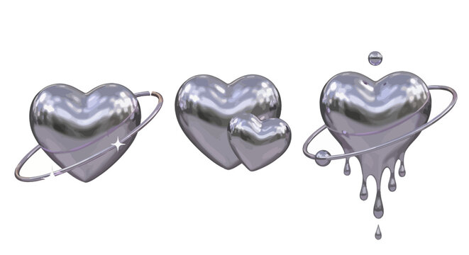 Metallic Hearts with Rings and Drips A Trio of Shiny, Liquid, and Cosmic Love Icons
