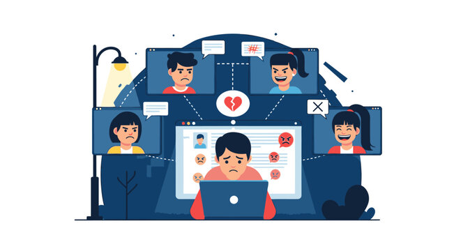 Distressed young person suffering cyberbullying and online harassment on social media, surrounded by digital negativity, highlighting mental health impact.