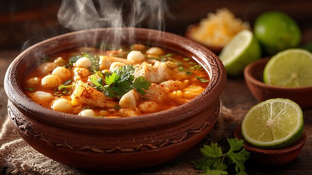 Close-up of a steaming, vibrant bowl of traditional stew with garnishes and side limes