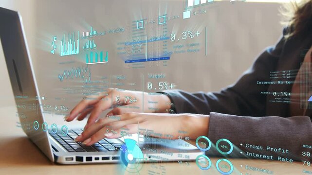 Woman typing and tapping laptop, reviewing finance HUD hovering over keys showing graphs and rates