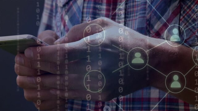 Man bringing smartphone in view and tapping, overlaying binary code, user nodes onto phone for tech
