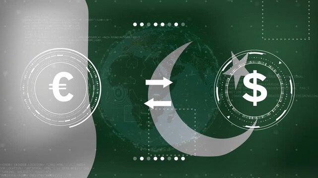 Opening frame showing euro, dollar HUDs starting currency flow, crescent guiding exchange shifts