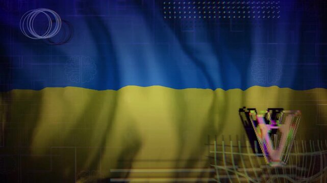 On play waving blue-yellow fabric rings pulsing glitching letter jittering as broadcast backdrop