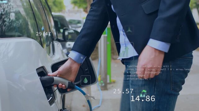Man walking curb EV, opening flap, plugging in, watching energy overlays around plug updating CO2