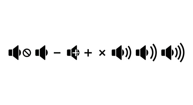 A visual representation of sound control with icons mute, subtract, add, multiply, and volume adjustments with speaker symbols