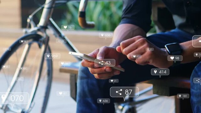 Man on bench tapping phone checking watch as incoming likes shares pins rising for social media
