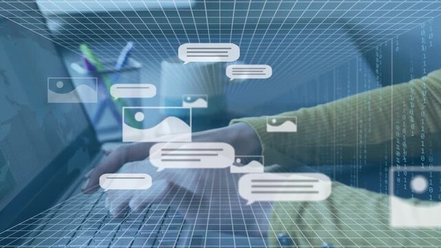 Hands typing at laptop, spawning 3D chat bubbles overlapping hands, grabbing phone for marketing