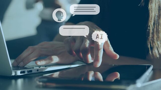 Woman typing laptop and tapping tablet at tech desk generating AI bubbles assisting chat over hands