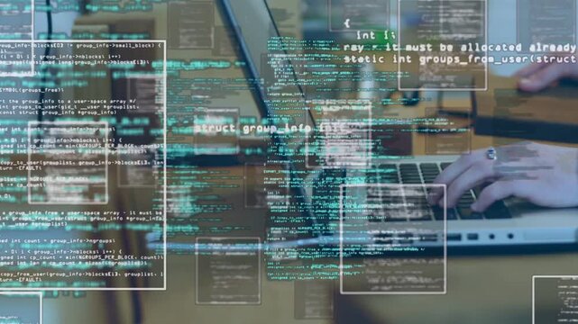 Overlays appearing, hands typing laptop keys while code windows multiplying and scrolling to debug
