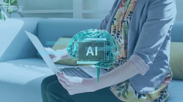 Woman placing paper near laptop and typing, activating pulsing AI hologram while editing tech doc
