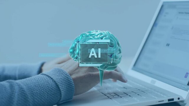 AI hologram appearing over laptop, man typing, causing pulsing, sliding data visualizing doc