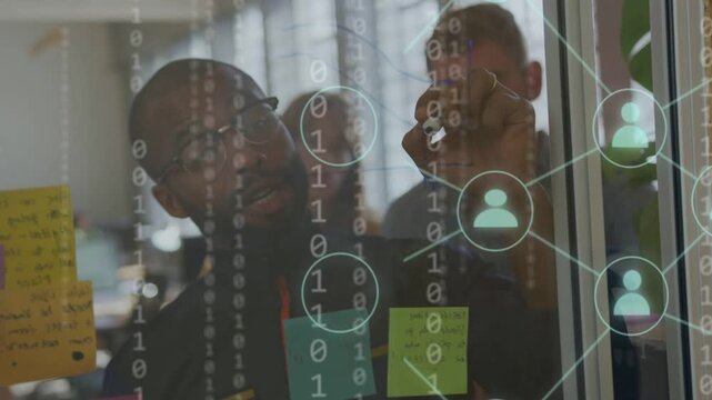 Lead picking marker and mapping links for planning on glass, tech overlay emerging and glowing node
