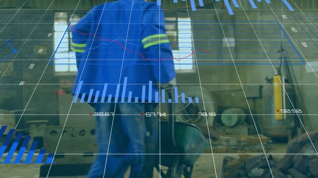 Worker gripping barrow handles moving load in factory, data overlay following barrow showing charts