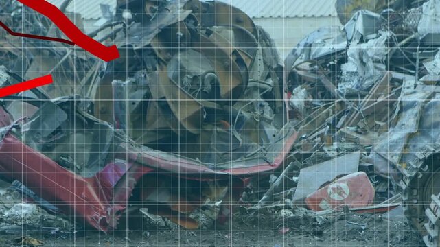 Crushed red car front shifting as hydraulic claw descending contacting lifting exposing right piles