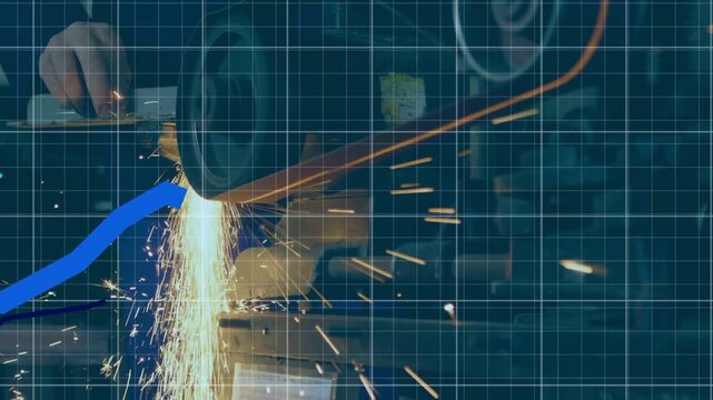 Disc contacting metal, grinder sending sparks while blue charts rising on grid showing output
