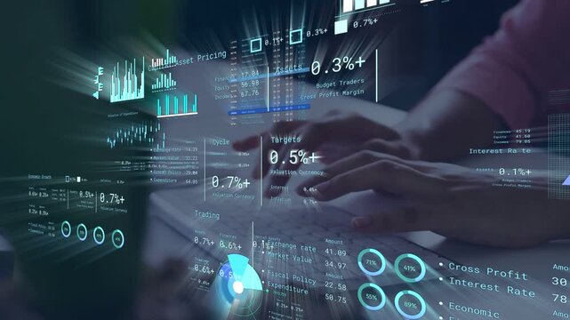 Finance analyst typing and updating HUD, graphs shifting and rates consolidating to equity readout