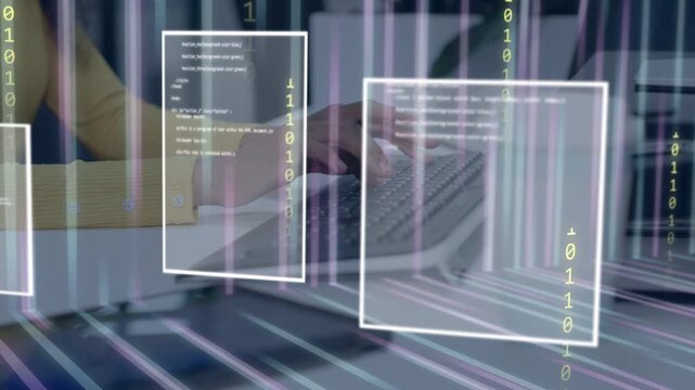 Dev typing keys, causing code panes and binary digits sliding over hands, debugging, fading to desk