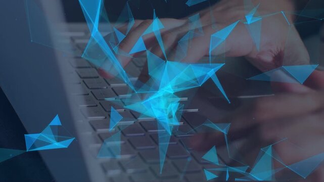 Coder hands hovering and pressing keys, activating blue triangle mesh drifting over keys for coding