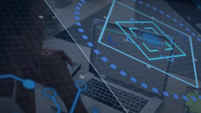 Woman typing and writing at laptop, causing HUD nodes shifting toward laptop for tech analysis