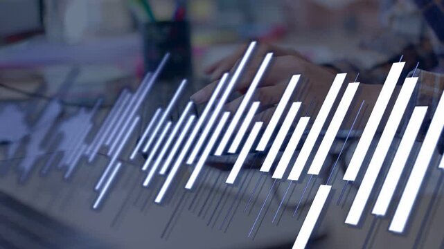 Woman typing on laptop keyboard, animated waveform sweeping and guiding fingers for technology