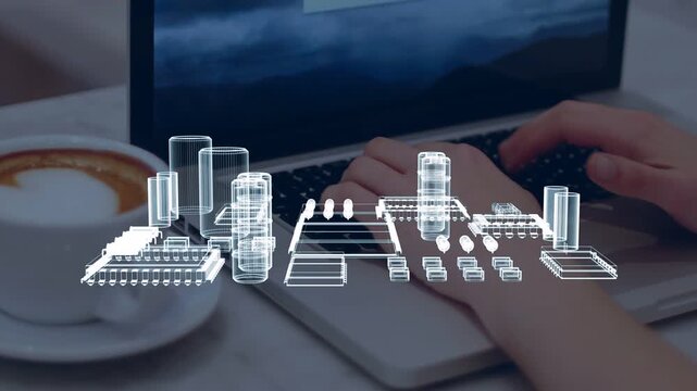 On launch wireframe floating over keyboard, rotating, tilting as hands typing, visualizing circuits