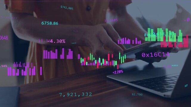 Woman typing on laptop reaching tablet at desk, causing candlestick charts above, analyzing markets