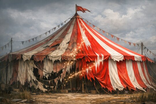 A large outdoor tent with bright red and white stripes, decorated with string lights