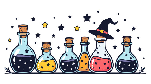 Colorful potion bottles with corks and a witch hat on white background  