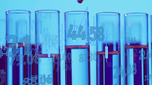 Test tubes with blue liquid showing dropper dropping dye, plumes diffusing for data visualization