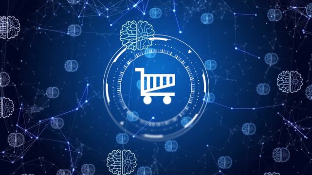 Network appearing, central cart icon rotating and pulsing in HUD ring, brains orbiting for commerce
