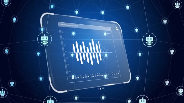 Tablet rotating in blue mesh, showing waveform, pulse beam linking AI icon, showing data flow