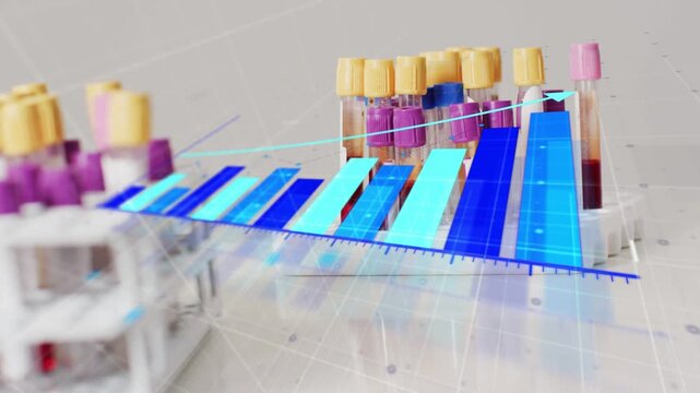 Blue baseline causing 3D bars sliding by tubes, rising as arrow sweeping to tallest, showing trend