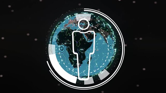 White humanoid outline being activated by pulsing ripple, rings rotating to reveal globe network