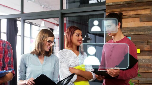 Man tapping tablet, showing content to office team, user icons expanding over folders for teamwork