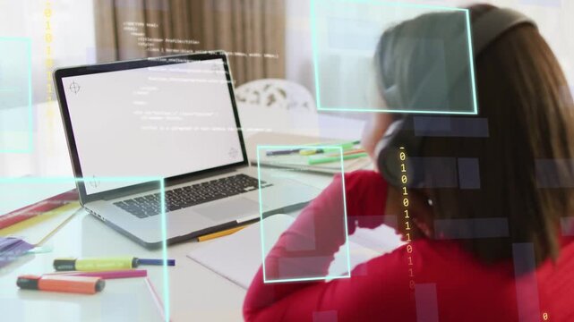 Girl studying, session starting causing HUD panels drifting across laptop and student for learning