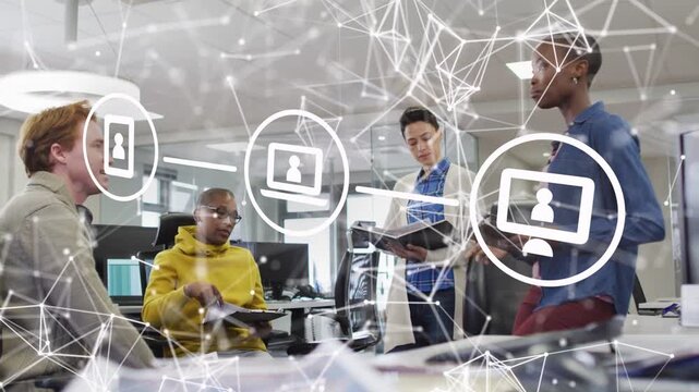 Team reviewing project docs, yellow-hoodie pointing tablet and passing sheet, network mapping faces