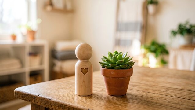 Smooth wooden peg figure with a carved heart next to a green plant, representing empathy, psychological support, and mental wellness.