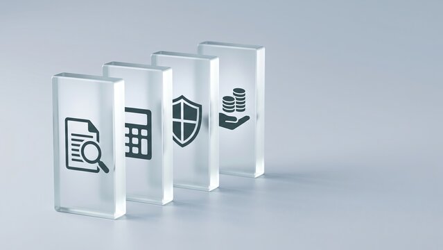 Frosted glass dominoes illustrating financial underwriting, actuarial risk analysis, and corporate insurance on pale slate grey.